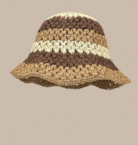 Color Block Striped Straw Bucket Hat