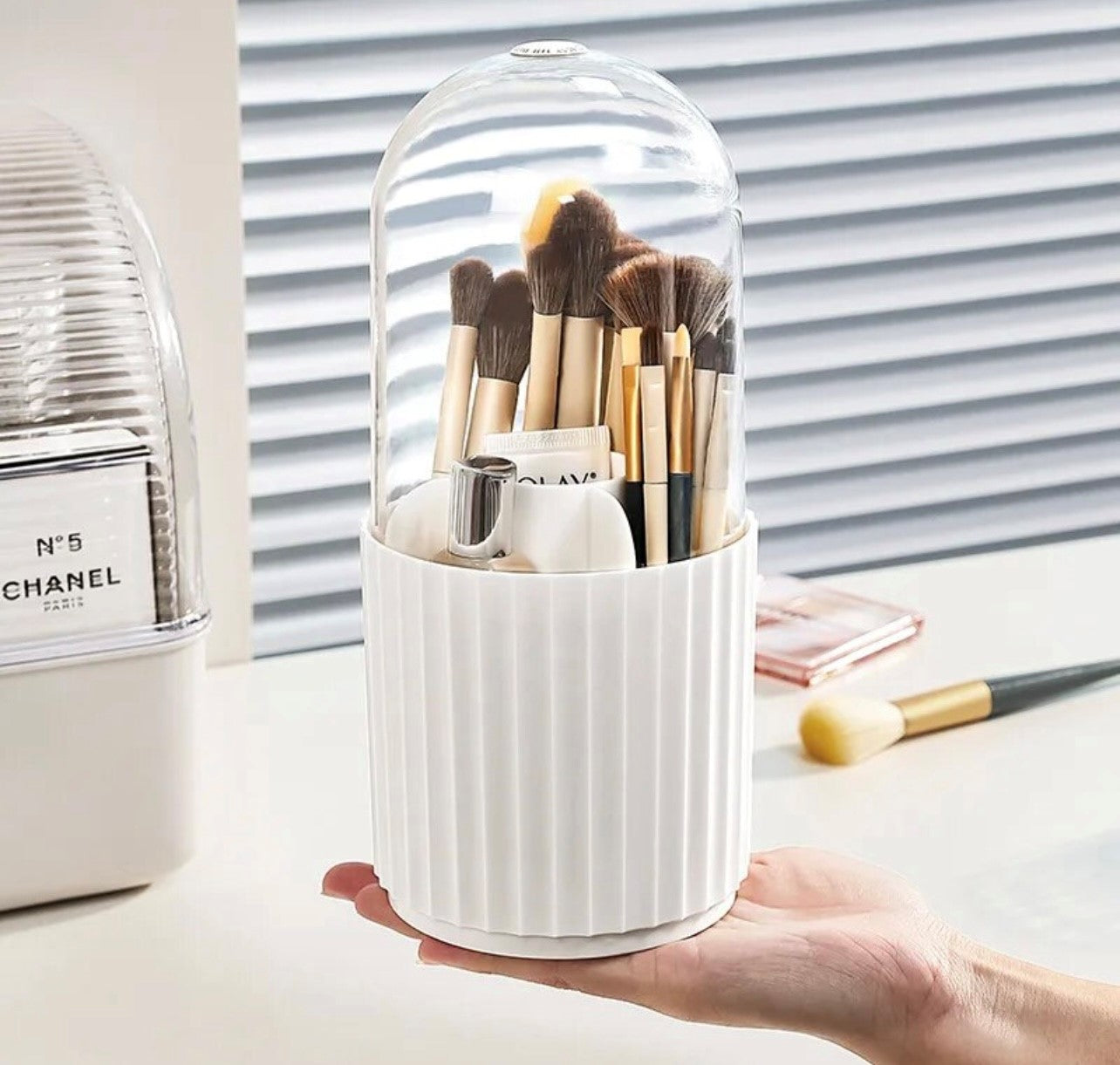 Makeup Brush Holder with Lid - 360 Rotating - White