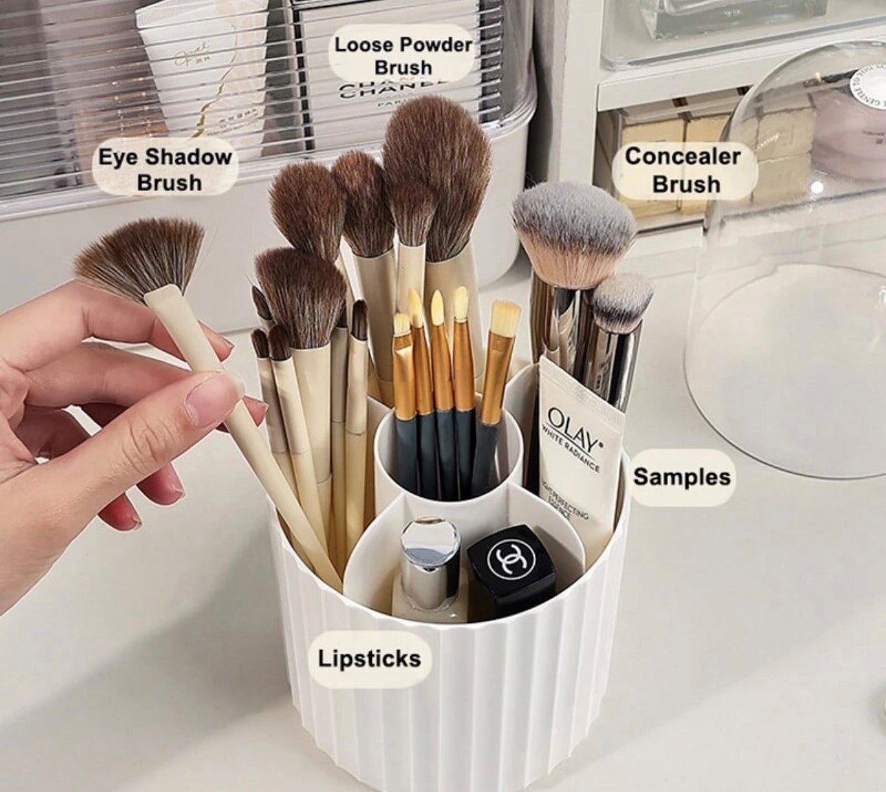 Makeup Brush Holder with Lid - 360 Rotating - White