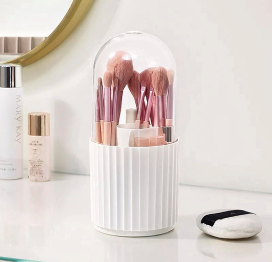 Makeup Brush Holder with Lid - 360 Rotating - White