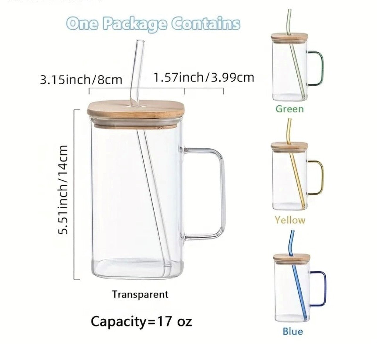 4pc Glass Cup with Lid and Straw