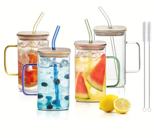 4pc Glass Cup with Lid and Straw